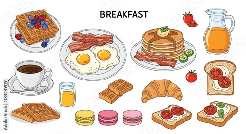 Collection of classic breakfast foods including pancakes, waffles, bacon and eggs, and coffee, in a colorful hand-drawn illustration style.