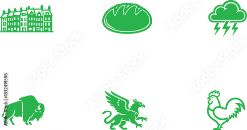 Green Icons Collection Depicting Diverse Objects and Creatures Including Buildings Bread Storms Bison Griffin and Rooster for Design Purposes