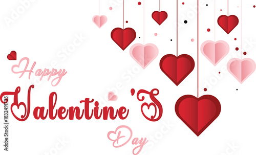 A delightful "Happy Valentine's Day" message featuring a vibrant display of red and pink paper-cut hearts gently suspended on a pristine white background. Ideal for celebrating love, romance, and spec