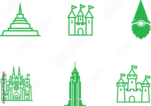Whimsical Green Architecture Icons Diverse Buildings and Fairy Tale Structures in Vector Format a Unique and Playful Collection with Cultural and Fantastical Elements