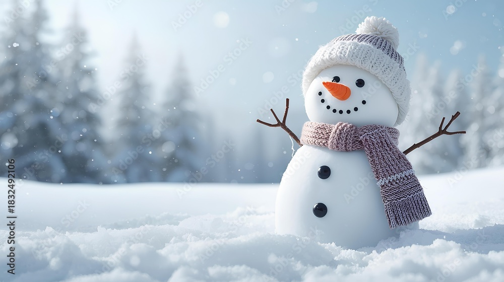 Obraz premium Festive Snowman in Winter Wonderland with Hat and Scarf, Holiday Season Spirit