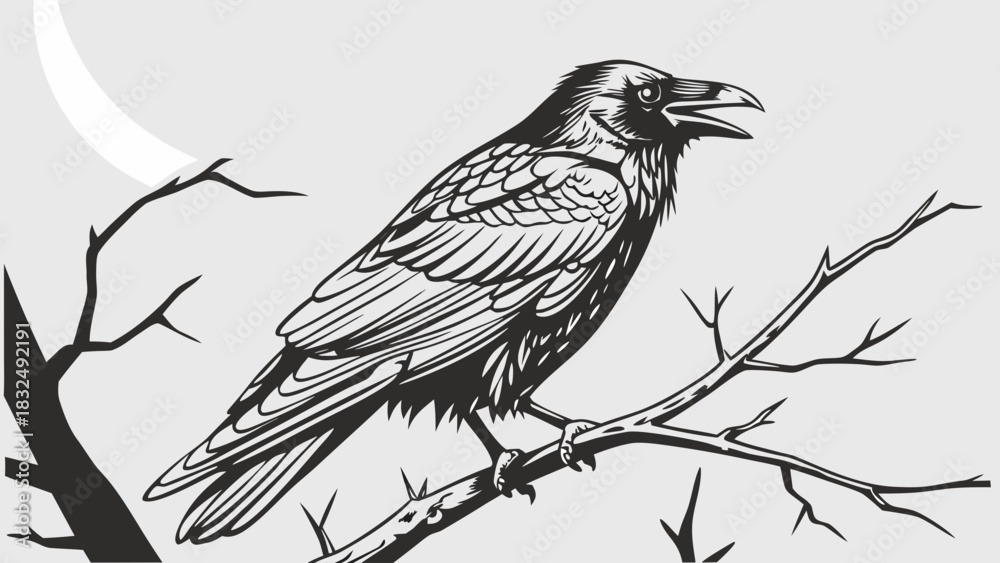 Naklejka premium A raven perched on a bare branch under a crescent moon in a black and white illustration style