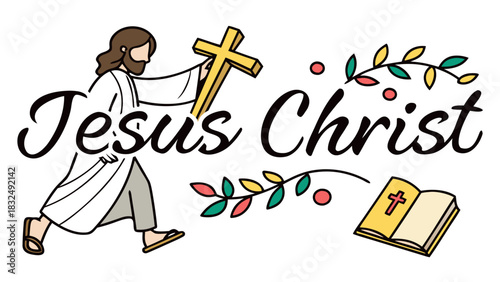 Illustration of jesus christ carrying a cross with a bible and decorative floral elements