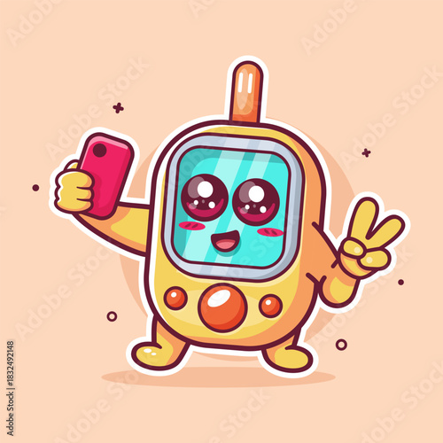 happy glucose meter character mascot taking a selfie with a smartphone isolated cartoon 