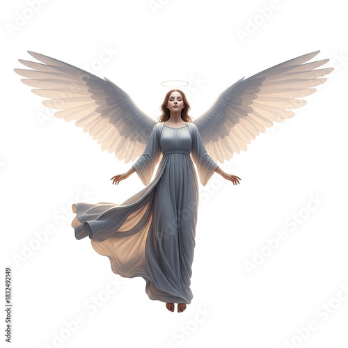 A serene angel with wings and a halo, floating in a white space with a soft, ethereal glow.