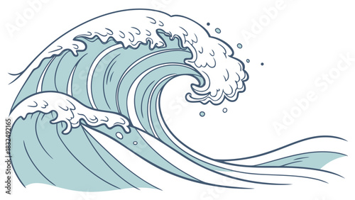 Illustration of a large ocean wave with foam cresting and smaller waves in the foreground view