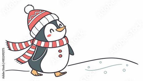 Cartoon penguin wearing a red and white hat and scarf standing in the snow with a smile on its face