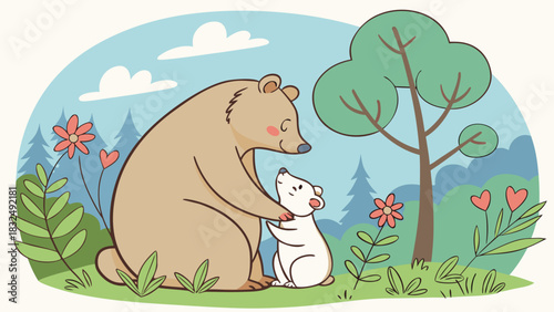 A brown bear hugging a white bear cub in a forest with flowers and a tree on a sunny day scene