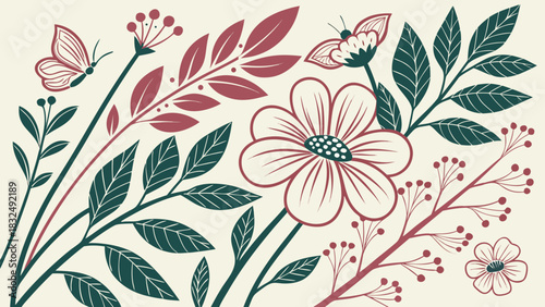 Illustration of a butterfly, flowers, leaves, and berries on a cream colored background design style