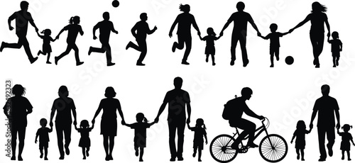 Family, silhouette, bonding, walking, running, playing, cycling, lifestyle, motion, parent, child, love, connection, outdoor, minimal, black, health, togetherness, activity, figures