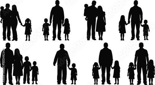 Family, silhouette, group, parent, child, bonding, walking, holding hands, minimal, black, lifestyle, love, connection, togetherness, diversity, care, unity, outdoor, figures, relationship