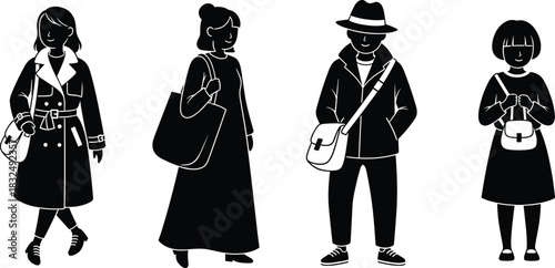 Fashion silhouettes, stylish outfits, trench coat, dress, handbag, crossbody bag, minimalist design, black and white, character illustration, pose variation