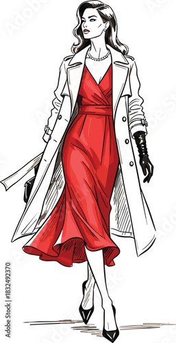 Fashionable woman walking, red wrap dress, trench coat, pearl necklace, confident pose, stylish outfit, bold lines, minimal shading