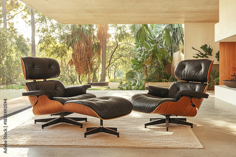 Fototapeta premium A stylish living space featuring two iconic lounge chairs with leather upholstery, complemented by a natural light-filled environment and greenery.