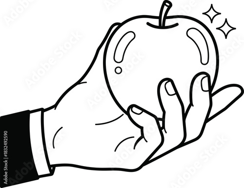 Hand holding shiny apple, black and white illustration, symbolic offering gesture, health and temptation concept, minimalist food art