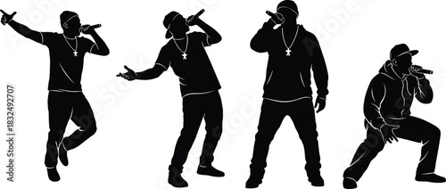 Hip-hop performer silhouettes, microphone poses, black white illustration, rap culture, dynamic movement, expressive gesture, street style, live energy