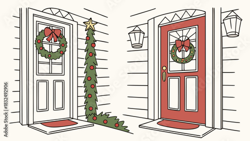 Two decorated front doors with christmas wreaths and a christmas tree garland on a house facade
