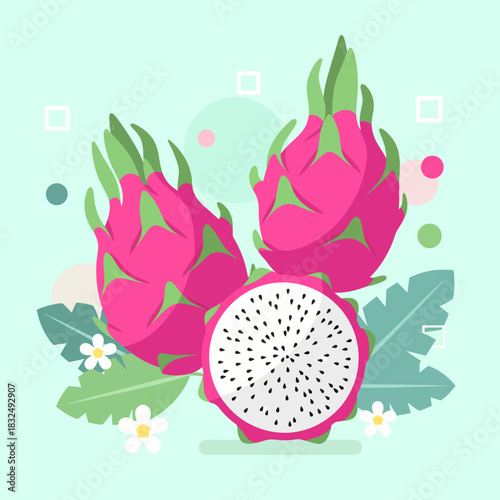 Vibrant flat design illustration of tropical dragon fruit with leaves and flowers on a light background