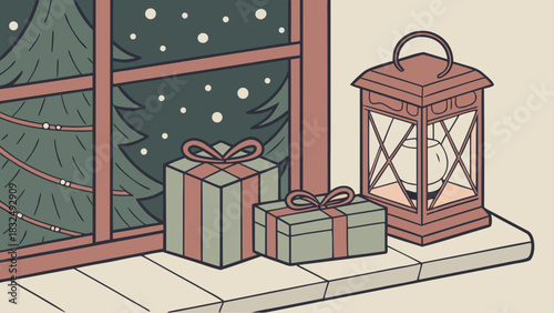 Christmas gifts and lantern on window sill with christmas tree visible outside on a snowy night scene