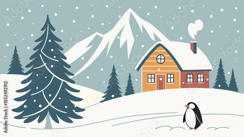 Winter scene featuring a snow covered landscape with a house trees mountains and a penguin standing nearby