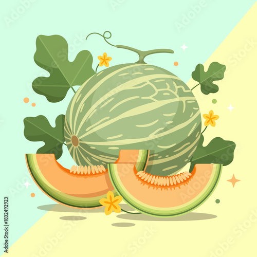 Vibrant illustration of a fresh cantaloupe melon with juicy slices, leaves, and flowers on a colorful background