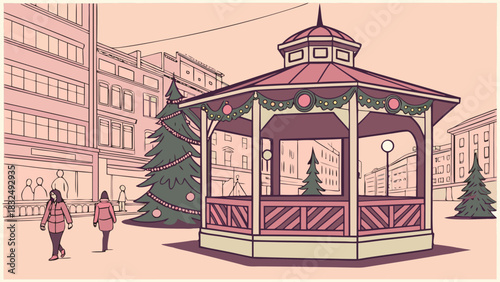Holiday scene depicting a gazebo in a town square with christmas trees and people walking around it