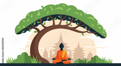 Serene figure meditating under a tree with temples in the background
