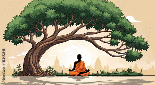 Serene Meditation Under a Majestic Tree in a Tranquil Asian Landscape