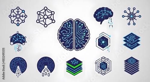 Futuristic Digital Technology and Artificial Intelligence Concept Icons Collection Showcasing Brain Networks, Data Processing, and Innovative Computing Symbols