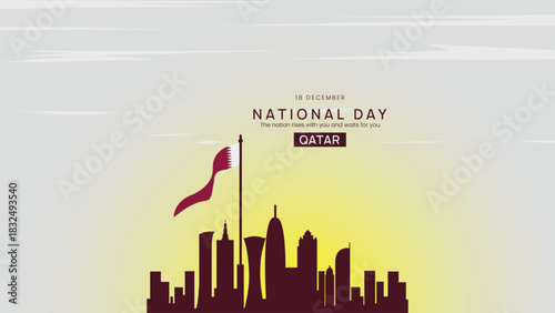 Minimalist Qatar National Day Skyline Illustration with Maroon Flag Silhouette Soft Sunset Yellow Gradient Sky for Celebration Poster and Cultural Event Background