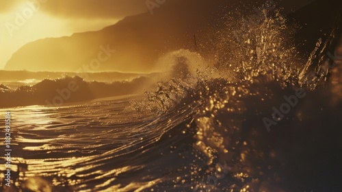 Fototapeta Naklejka Na Ścianę i Meble -  Golden Sunset Ocean Wave Splashing Near Shore with Mountain Background