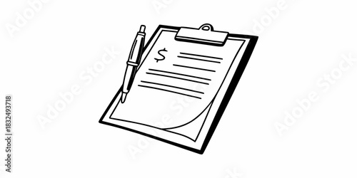 A clipboard with a dollar sign and lines of text and a pen on top isolated on white background
