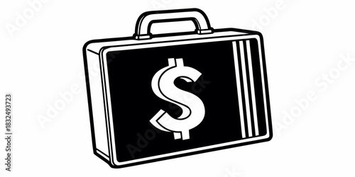 A black and white illustration of a briefcase with a dollar sign on the side and a handle on top