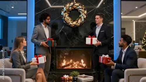 Two Executives Exchanging Gifts by Fireplace