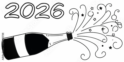 Illustration of a champagne bottle with popping cork and the year 2026 in black and white drawing