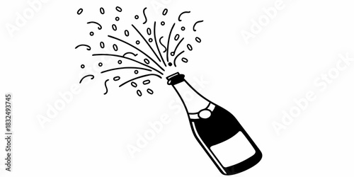 Illustration of a champagne bottle popping with confetti and streamers in a black and white drawing