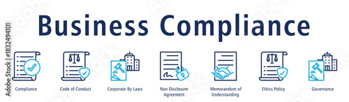 Business compliance web banner icon vector illustration concept with icon of compliance, code of conduct, corporate by laws, non disclosure agreement, memorandum of understanding, and ethics policy.