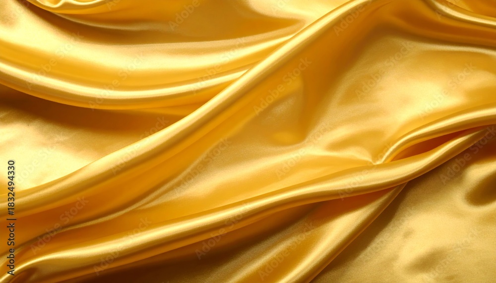 Fototapeta premium Close-up of luxurious golden silk fabric with elegant drapes and shimmering folds, creating a rich texture.