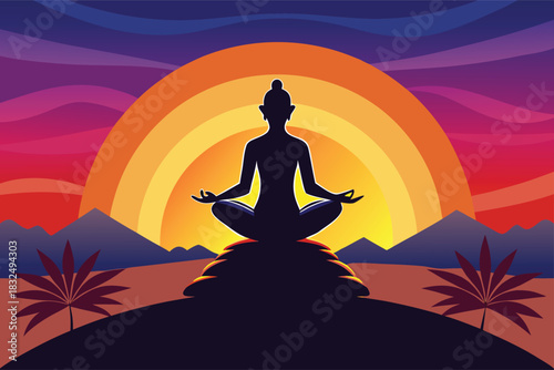 Find inner peace with yoga and meditation at sunset, a vibrant illustration for wellness, relaxation, and mindful living in serene nature scenes