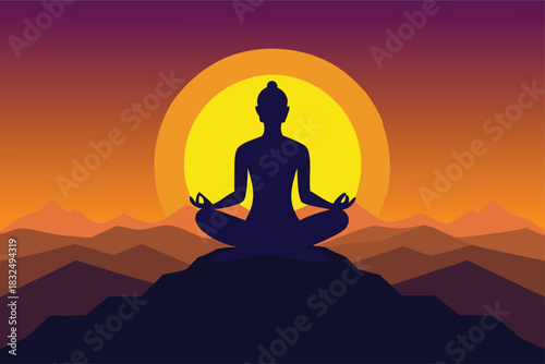 Find inner peace with mindful meditation against a vibrant sunset landscape, promoting wellness and tranquility for a balanced lifestyle and yoga practice