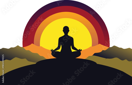 Find inner peace with a serene yoga silhouette against a vibrant sunset landscape, ideal for wellness brands and mindful living promotions