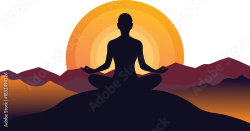 Find inner peace with mindful meditation at sunrise over majestic mountains, promoting wellness and tranquility through yoga practice outdoors, serene retreat