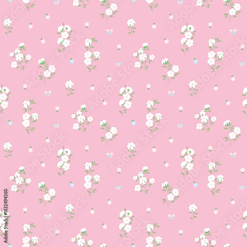 Flower pattern, floral seamless pattern, cottagecore ditsy tile print, gentle cotton flower on pink background. Small hand draw flower, sweet tone style design for fashion, texture, fabric, wallpaper