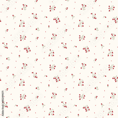 Flower pattern, floral seamless pattern, cottagecore ditsy tile print, gentle red flower on light background. Small hand draw flower, minimal color, design for fashion, texture, fabric, wallpaper