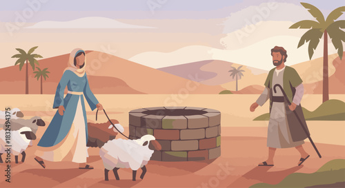 Jacob Meets Rachel at the Well
bible story
Rachel leading sheep toward a stone well as Jacob approaches
