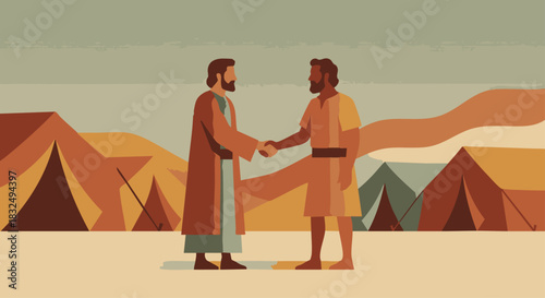 Jacob’s Growing Flock
Bible Story
Jacob tending large stylized sheep with geometric patterns representing growth and blessing,