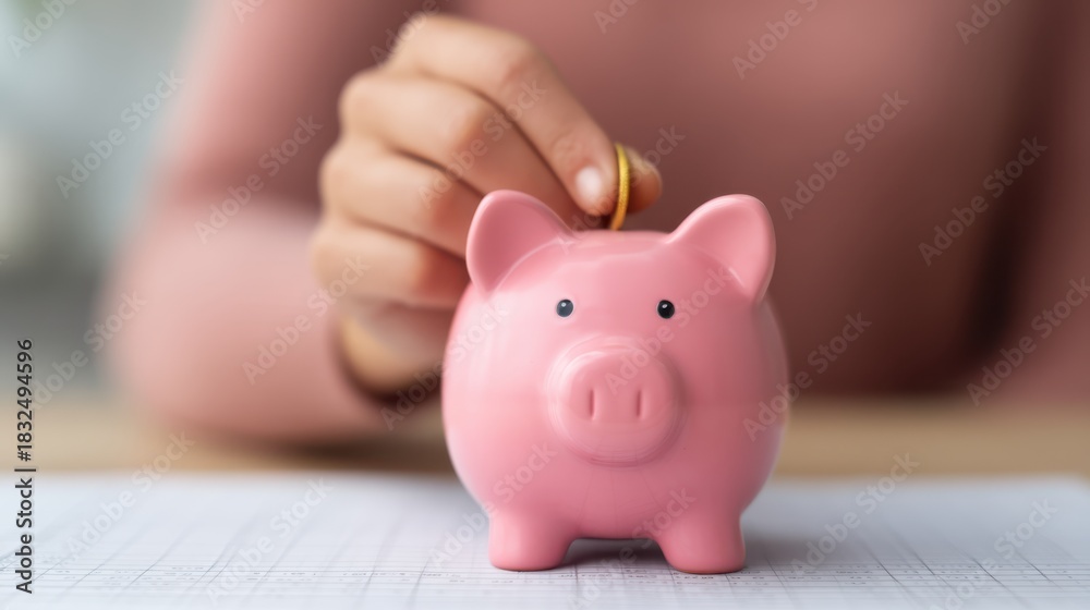 © Oulaphone - A person inserting a coin into a pink piggy bank, symbolizing saving money and financial planning. © Oulaphone - A person inserting a coin into a pink piggy bank, symbolizing saving money and financial planning.