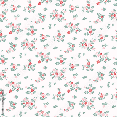 Flower pattern, floral seamless pattern, cottagecore ditsy print, red meadow flower on light background. Small hand drawn flower, light tone style design for fashion, texture, fabric, wallpaper