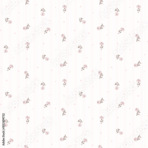Flower pattern, floral seamless pattern, cottagecore ditsy print, rose flower on stripe background. Small hand draw love flower, earth tone design for fashion, texture, fabric, valentine wallpaper