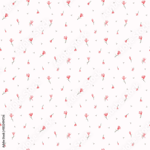Flower pattern, floral seamless pattern, cottagecore ditsy print, red meadow flower on light background. Small hand drawn flower, light tone style design for fashion, texture, fabric, wallpaper